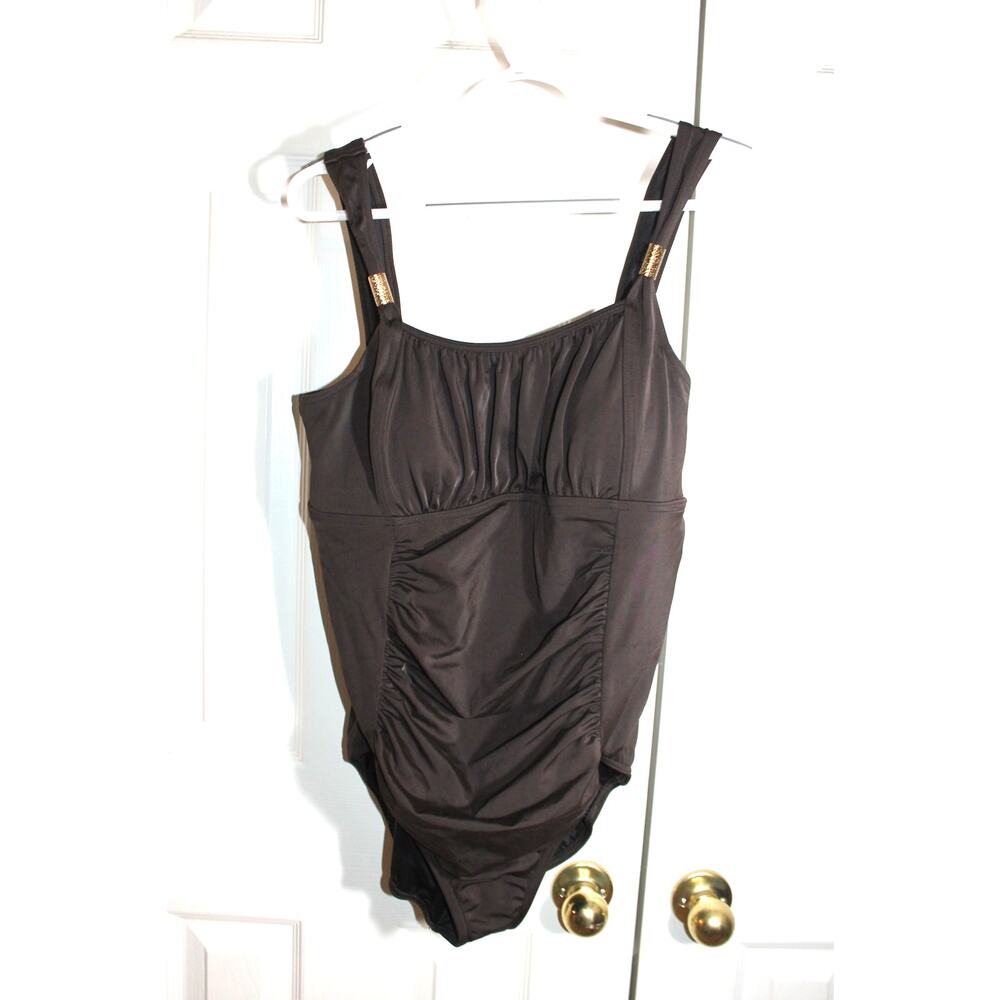 Land's End Chocolate Brown Slender Lite Shirred One Piece Swimsuit sz 16